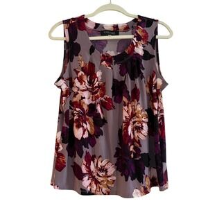 Black Label Womens Purple Floral Pleated Scoop Neck Sleeveless Top MED